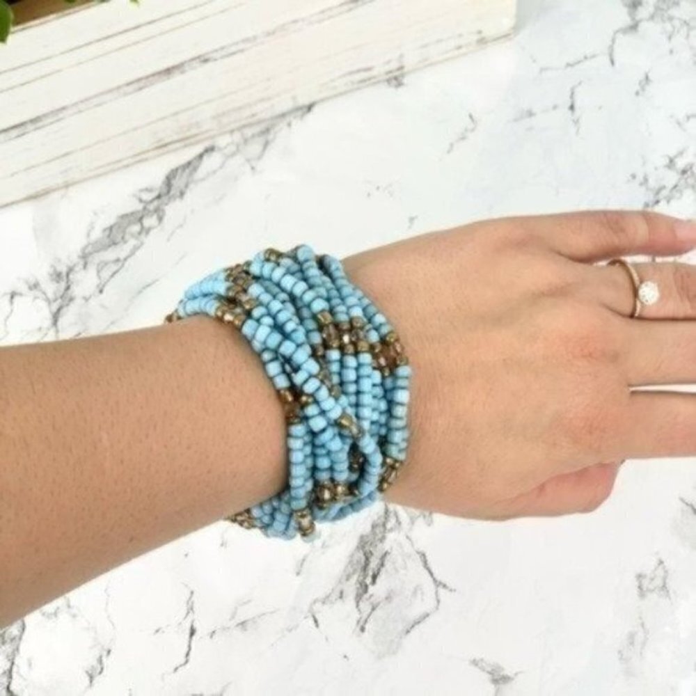 Blue Beaded Elastic Wooden Bracelet